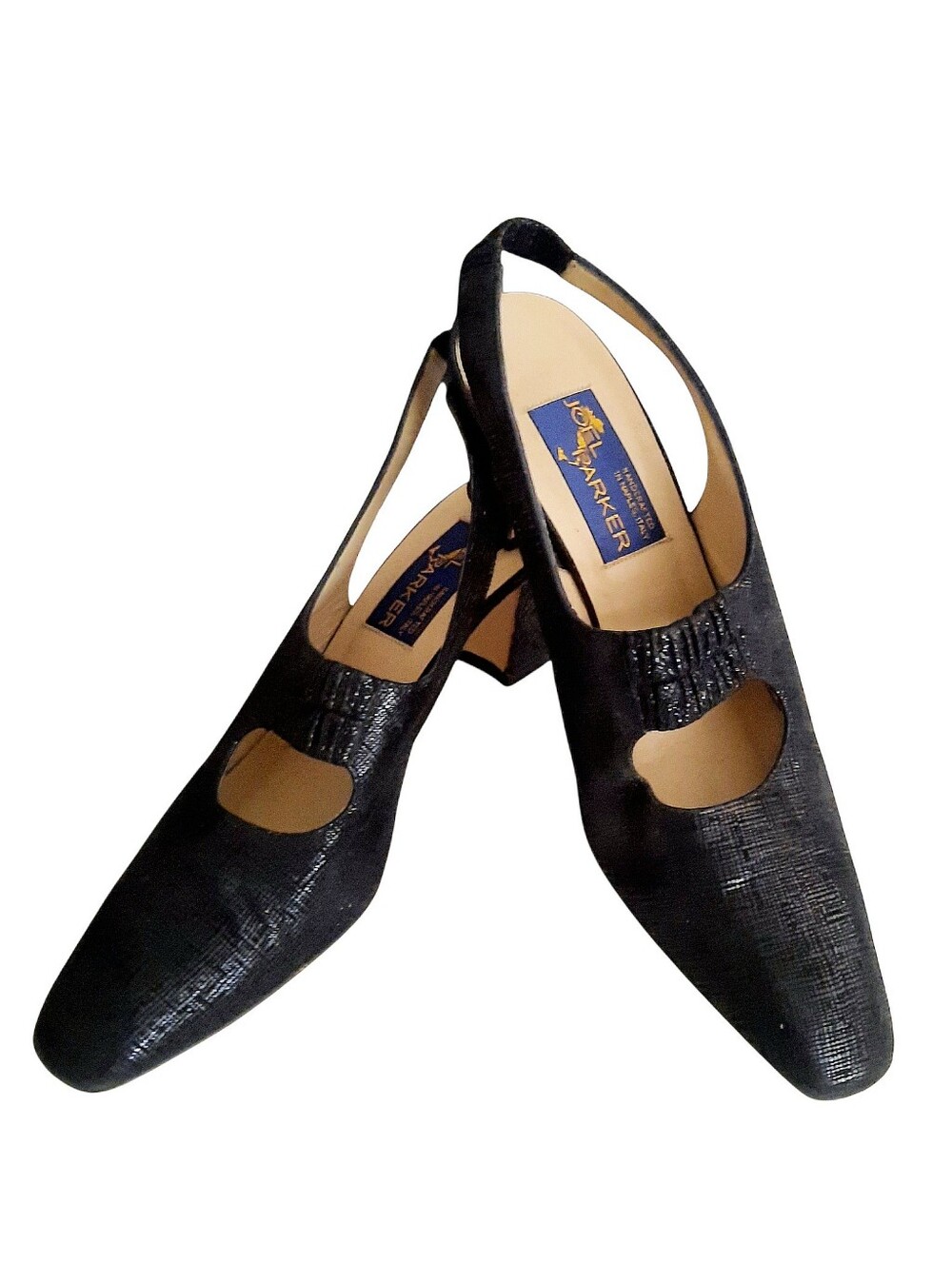 JOEL PARKER Black Textured Leather Block Heel Slingback Italian Made Pumps 9.5AA